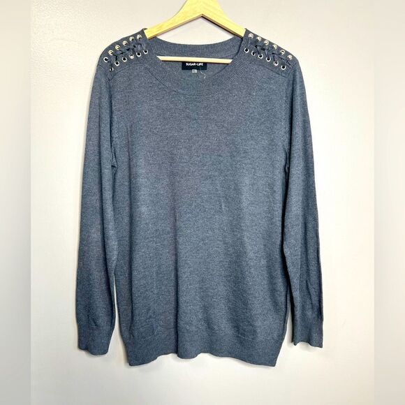 Sugar + Lips charcoal gray ribbon grommet detail round neckline pullover sweater - Picture 1 of 3